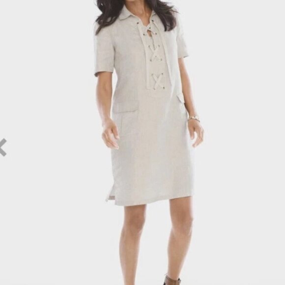 Chico’s Foiled 100% Linen Tan Tie Front Collared Shirt Dress Pockets Beige, sz 1 - Picture 3 of 10